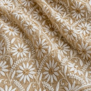 Beige Tissue Chanderi Chikankari Kurta Piece With Rich Aari & Kasab Work - Image 2