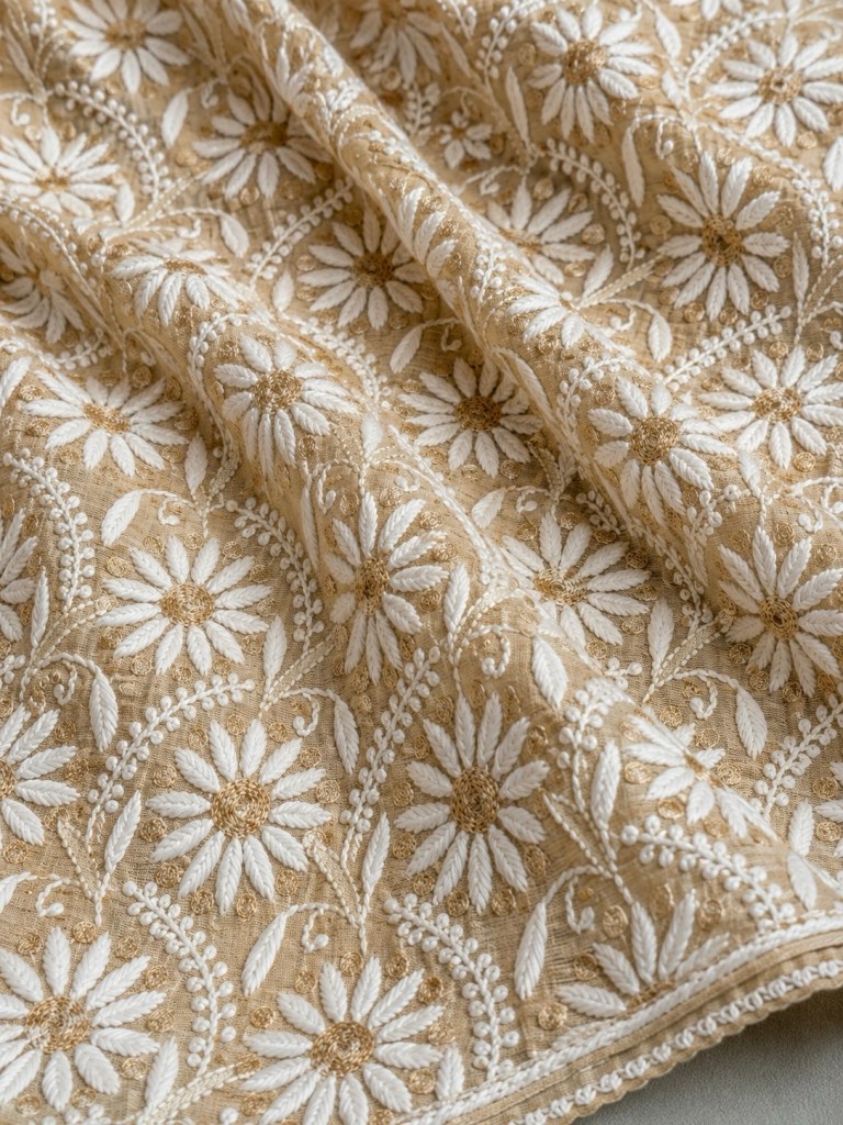 Beige Tissue Chanderi Chikankari Kurta Piece With Rich Aari & Kasab Work