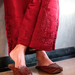 red satin linen chikankari pants