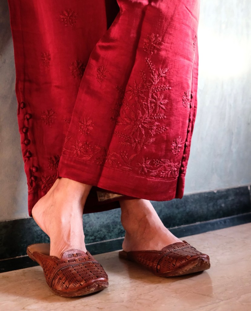 red satin linen chikankari pants