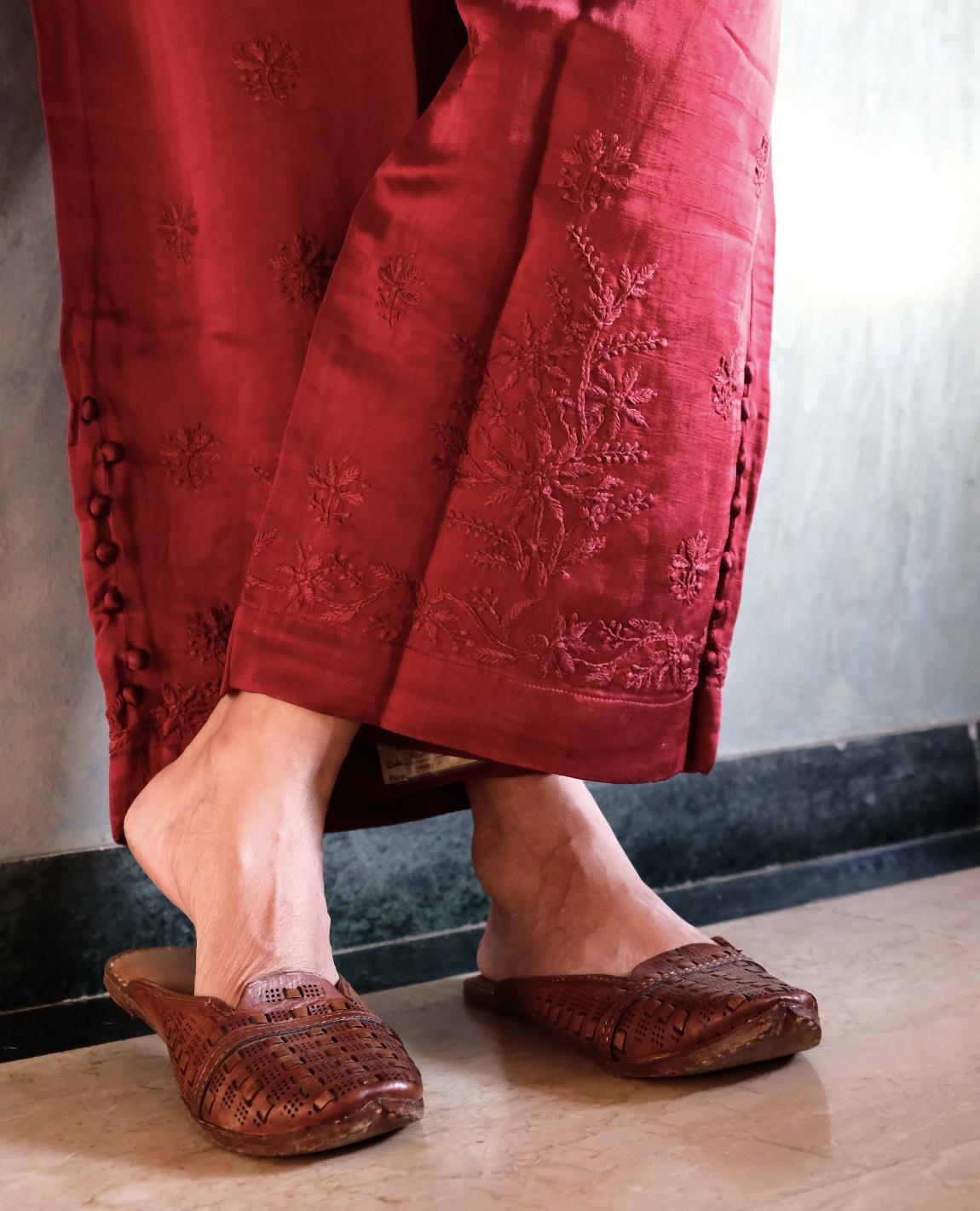 red satin linen chikankari pants