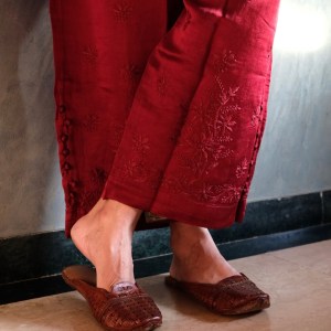 red satin linen chikankari pants