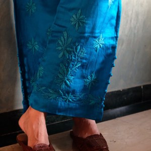 blue satin linen chikankari pants-free size