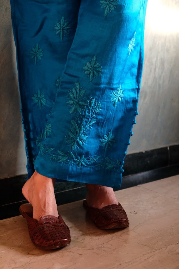 blue satin linen chikankari pants-free size