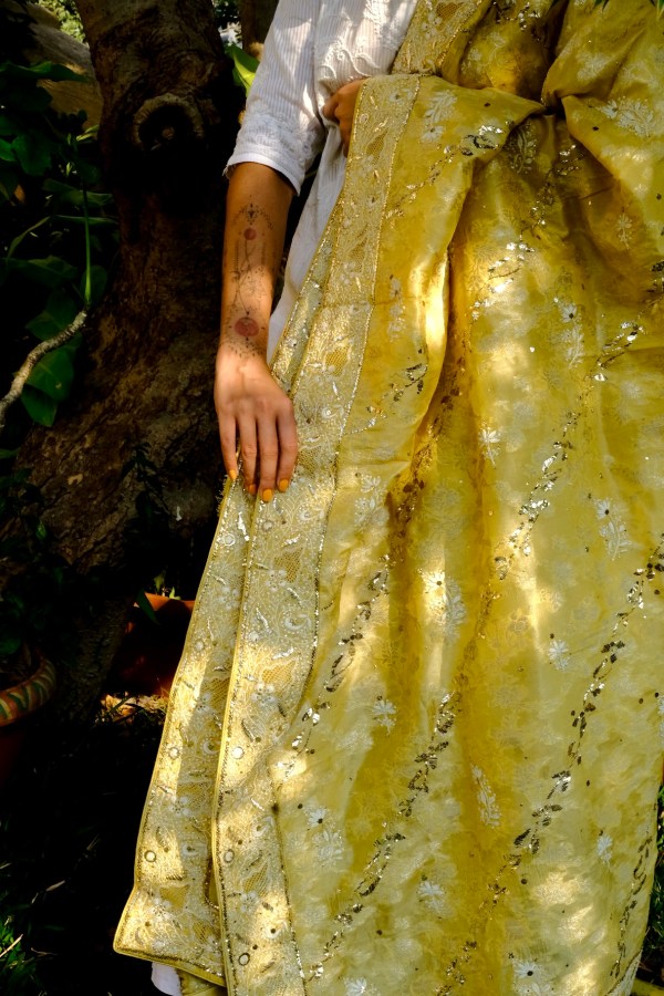Yellow Banarasi Muga Silk Chikankari Dupatta With Mukaish