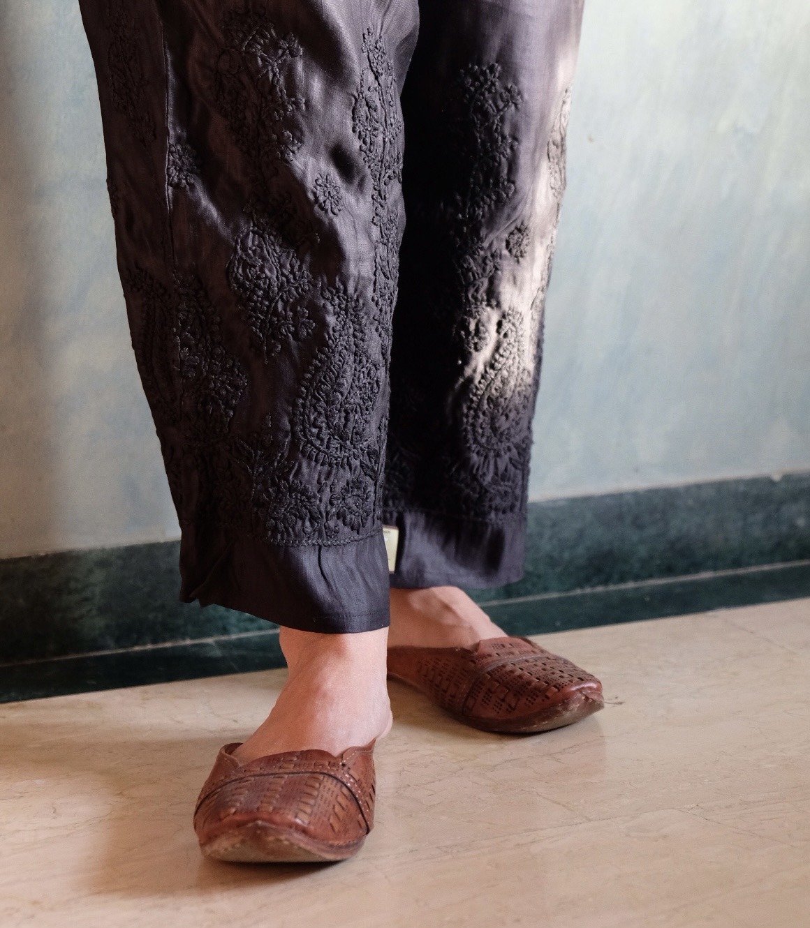 black satin linen chikankari palazzo pants-fee size adjustable