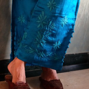 blue satin linen chikankari pants-free size