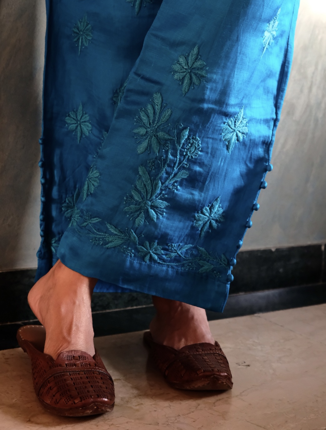 blue satin linen chikankari pants-free size
