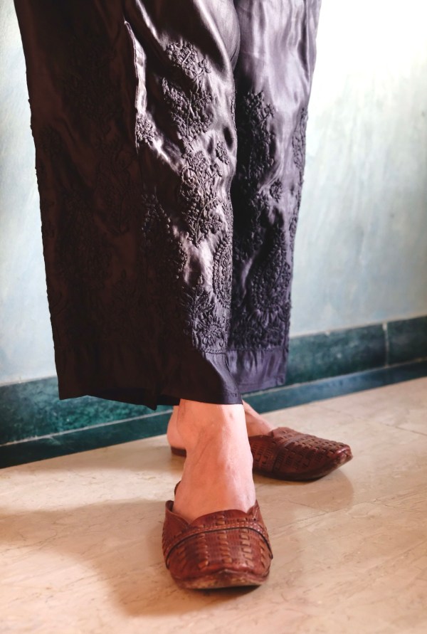 black satin linen chikankari palazzo pants-free size adjustable