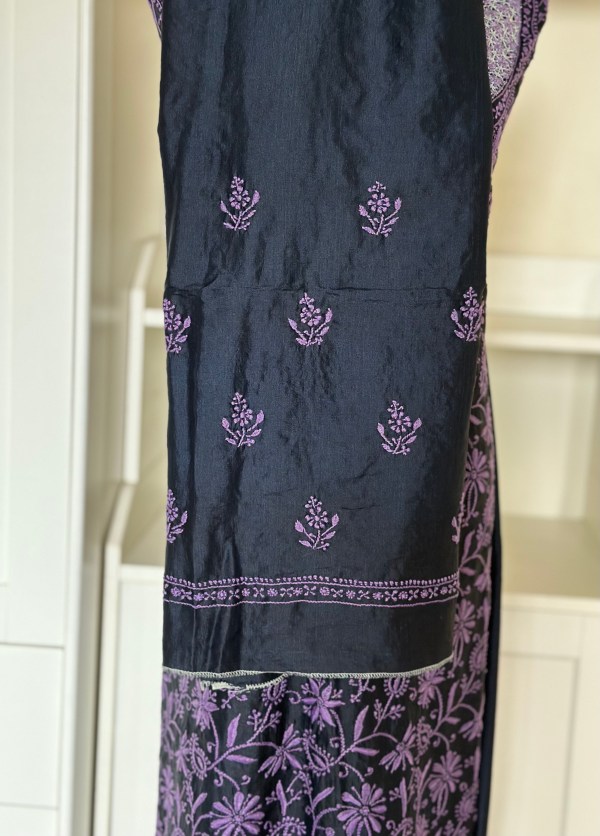 black muga silk chikankari kurta pant set with kasab work detailing on neck