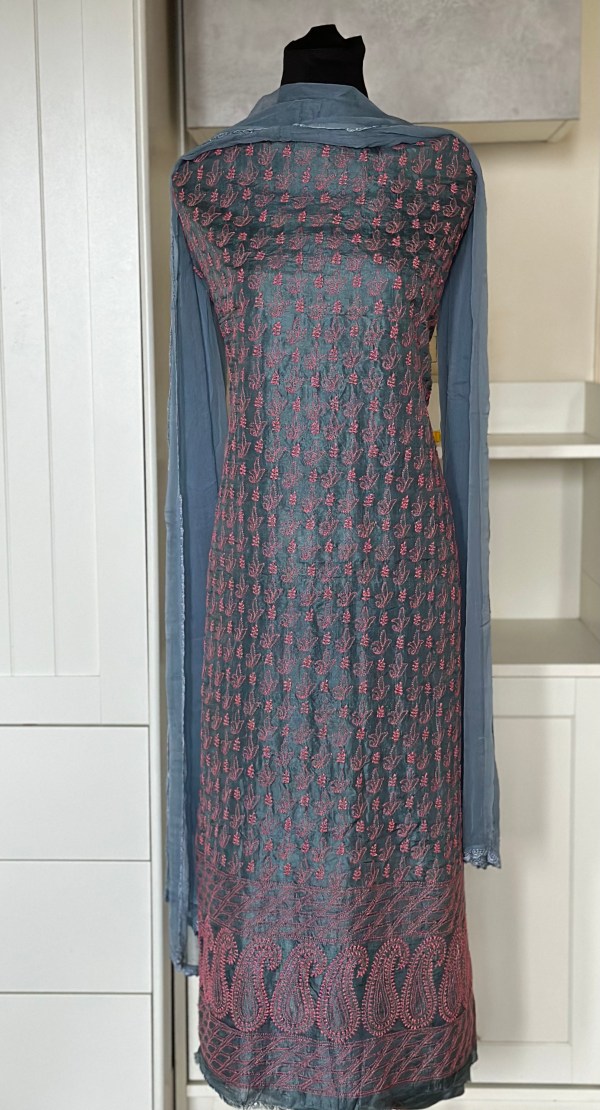 grey & pink tussar silk chikankari kurta dupatta pant set-unstitched