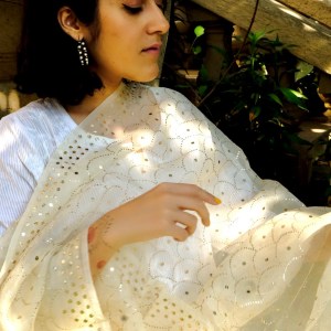 off white organza dupatta with mukaish work-dyeable dupatta