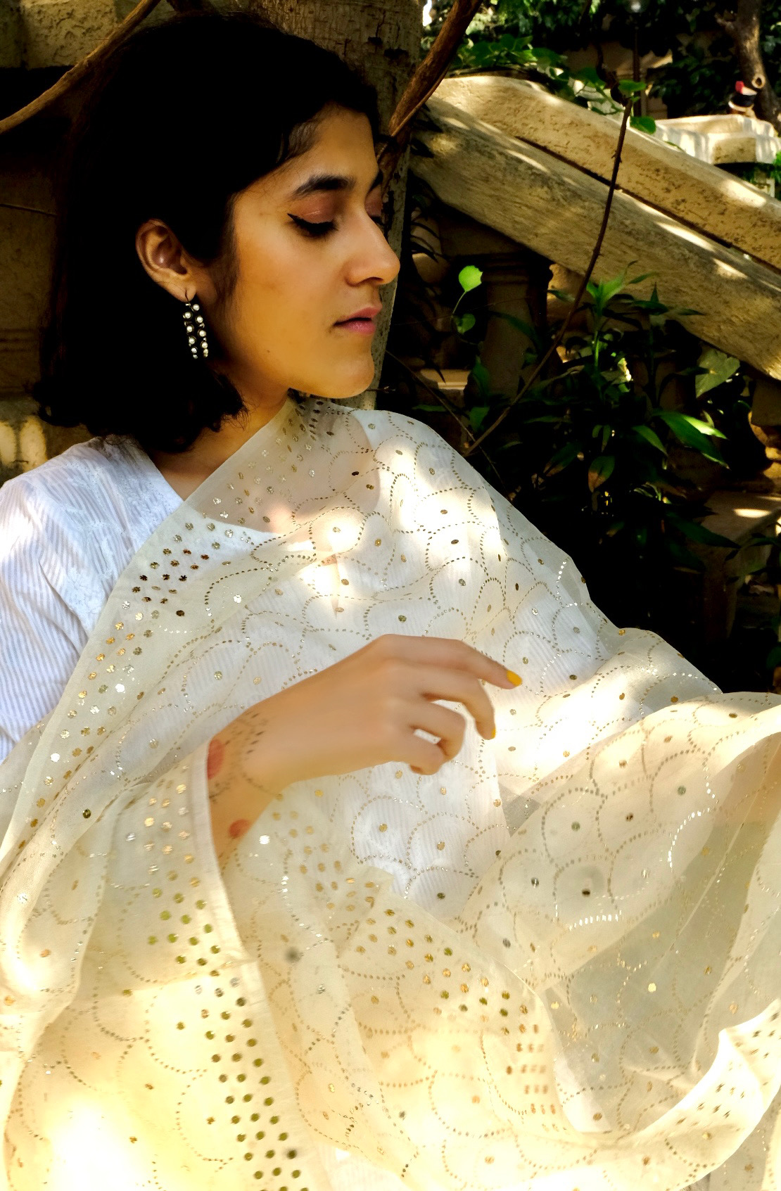 off white organza dupatta with mukaish work-dyeable dupatta