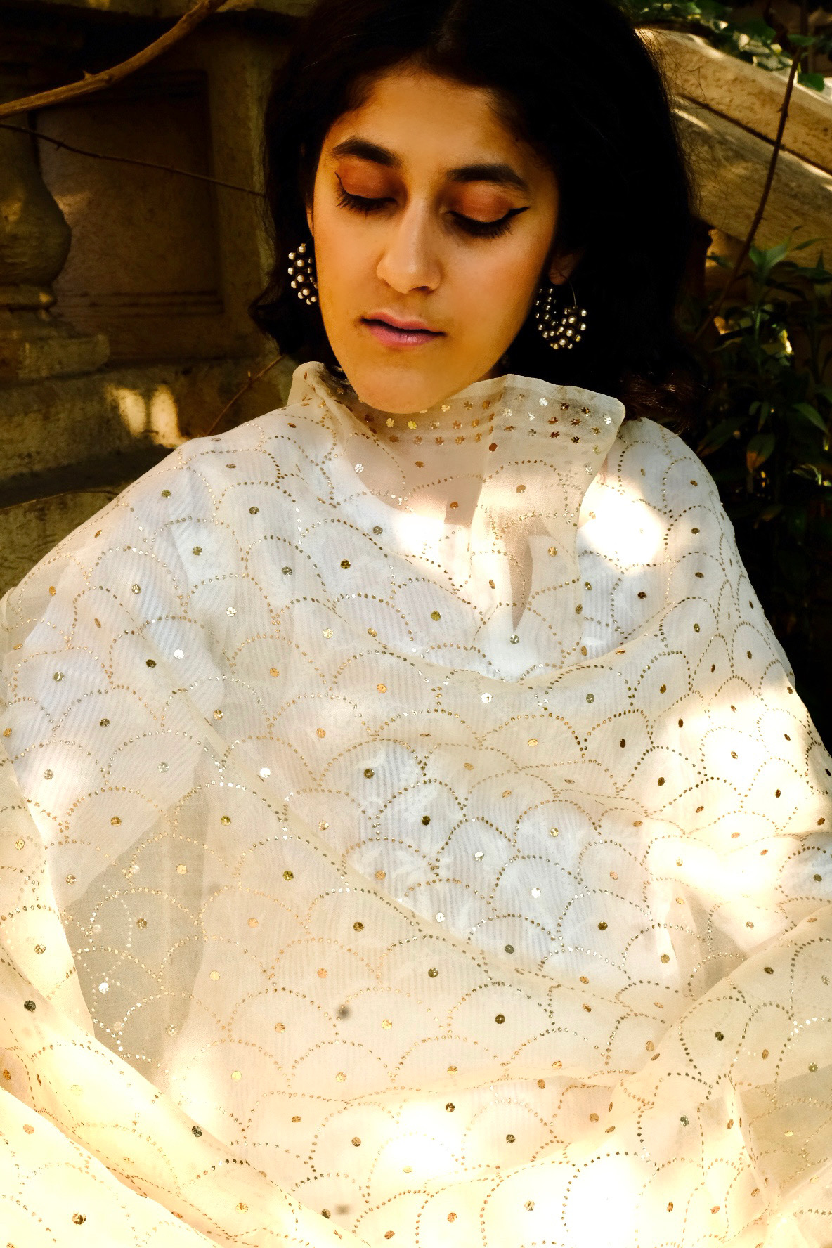 off white organza dupatta with handmade mukaish work