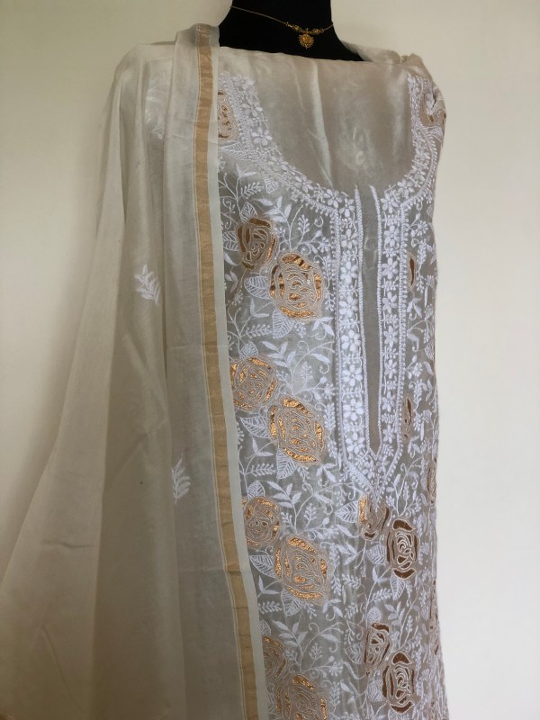 off white chanderi chikankari kurta dupatta set with gold patch detailing-unstitched