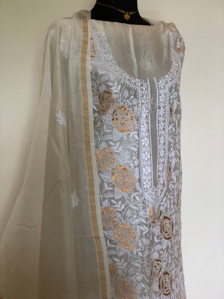 off white chanderi chikankari kurta dupatta set with gold patch detailing-unstitched