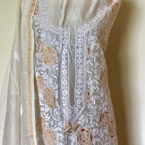 off white chanderi chikankari kurta dupatta set with gold patch detailing-unstitched