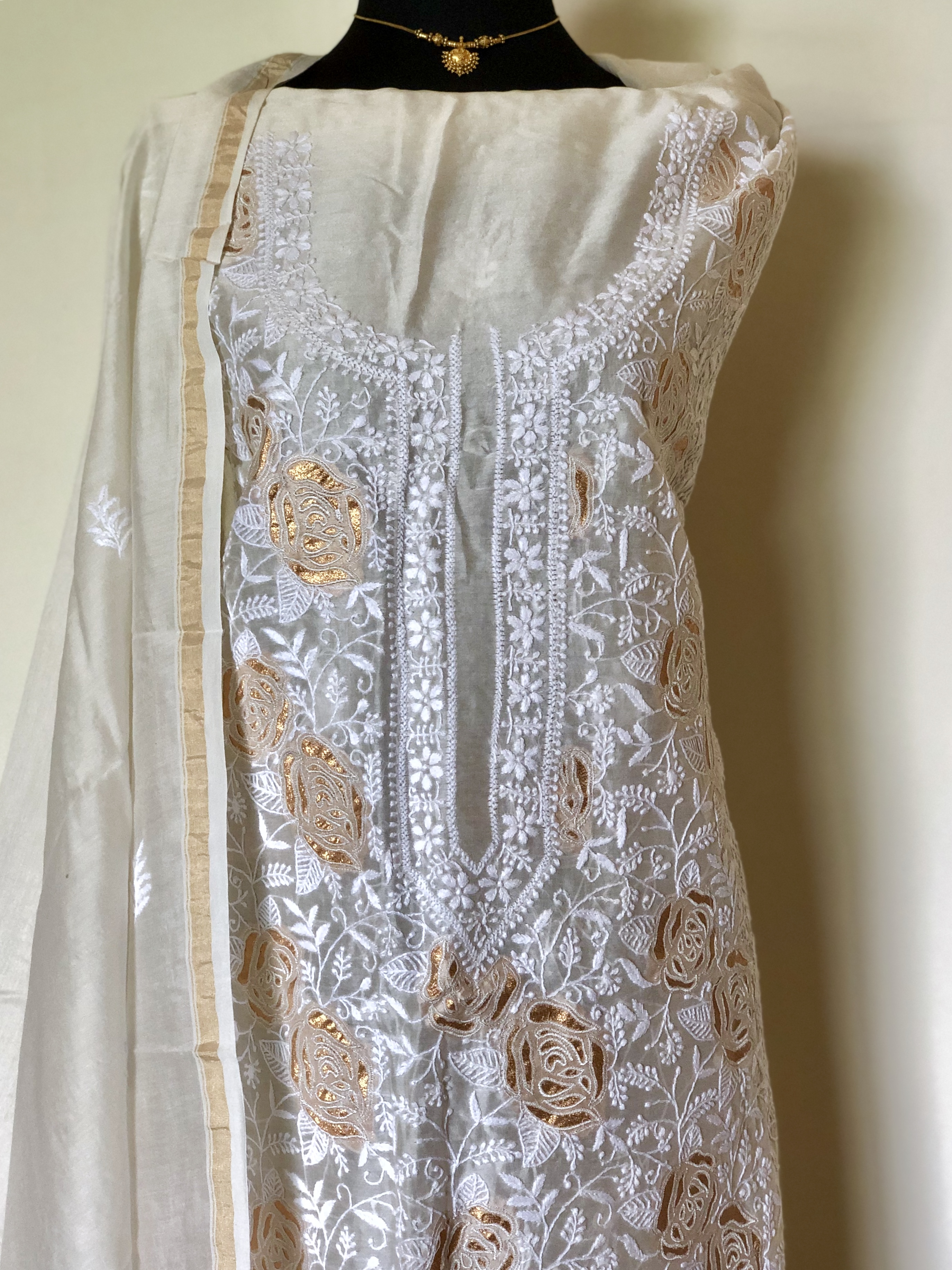 off white chanderi chikankari kurta dupatta set with gold patch detailing-unstitched