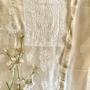 off white chanderi chikankari kurta dupatta set-unstitched