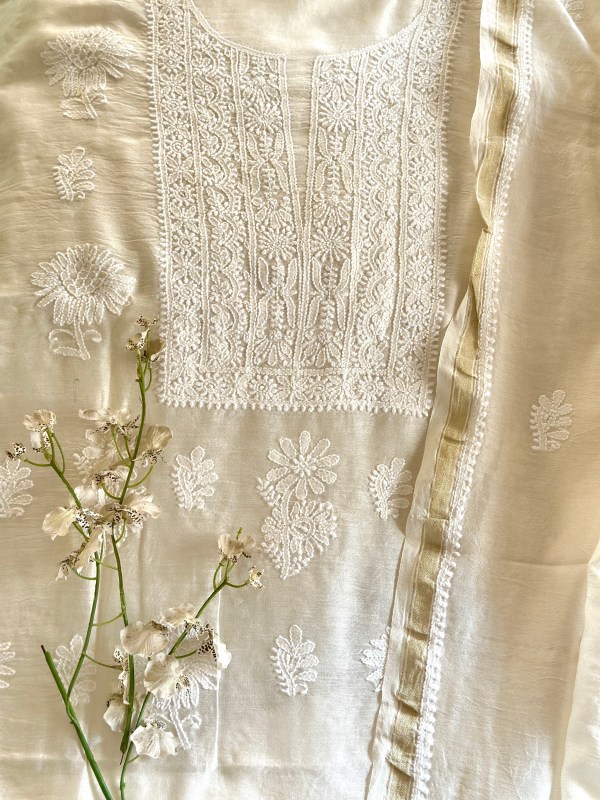 off white chanderi chikankari kurta dupatta set-unstitched
