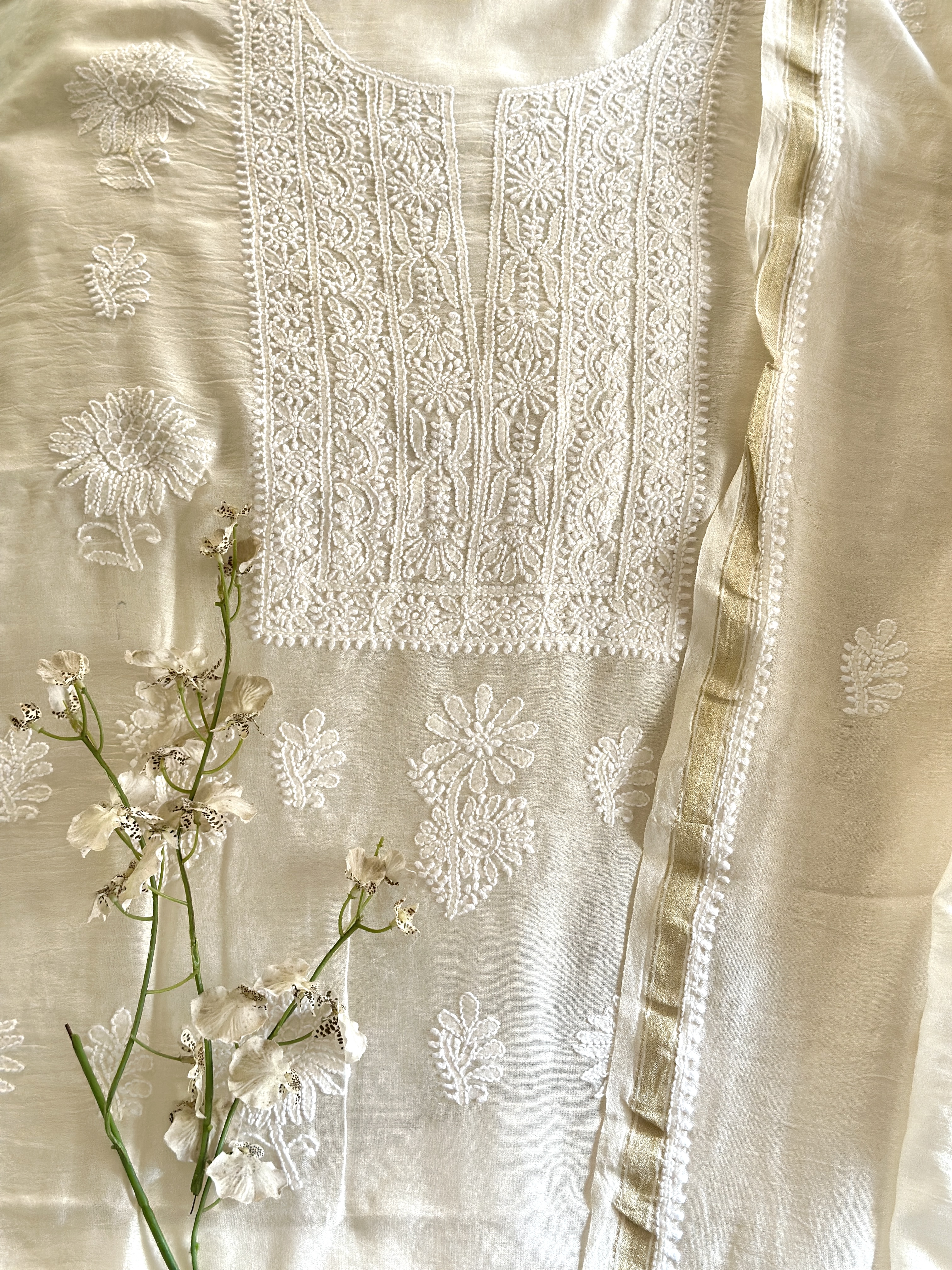 off white chanderi chikankari kurta dupatta set-unstitched