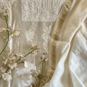 Off White Chanderi Chikankari Kurta Dupatta Set - Image 2