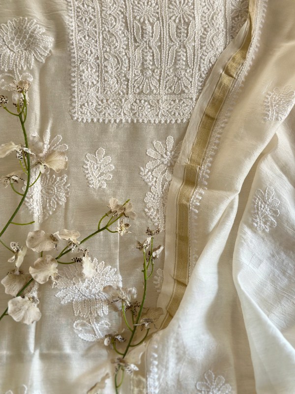Off White Chanderi Chikankari Kurta Dupatta Set