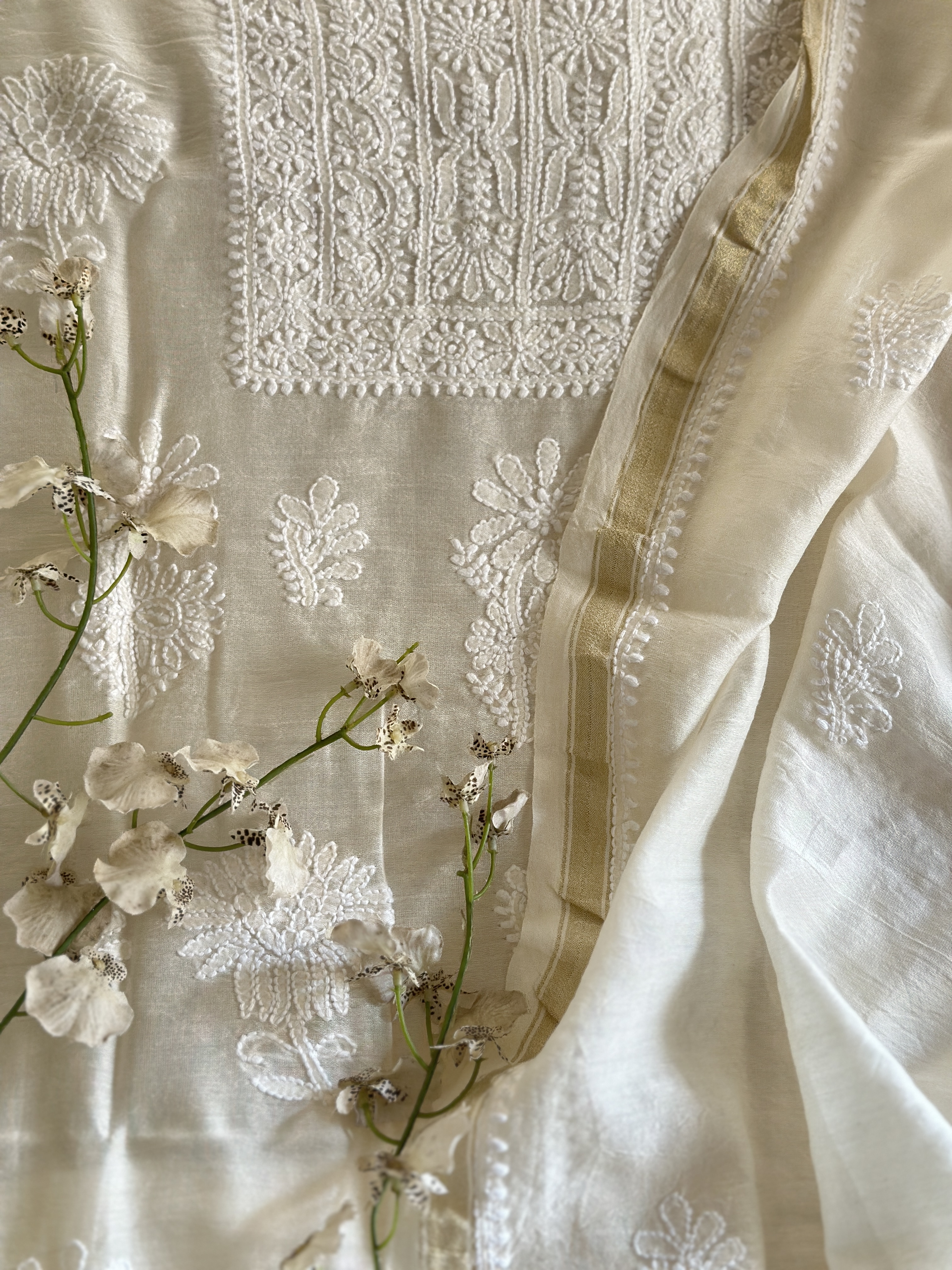 off white chanderi chikankari kurta dupatta set-unstitched
