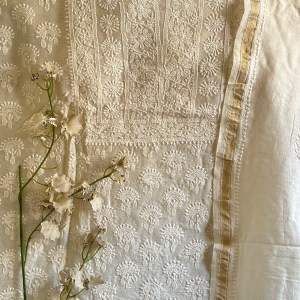 Off White Chanderi Chikankari Kurta Dupatta Set - Image 2