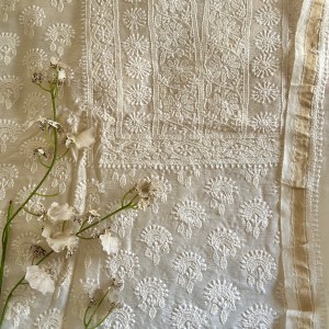 off white chanderi chikankari kurta dupatta set-unstitched