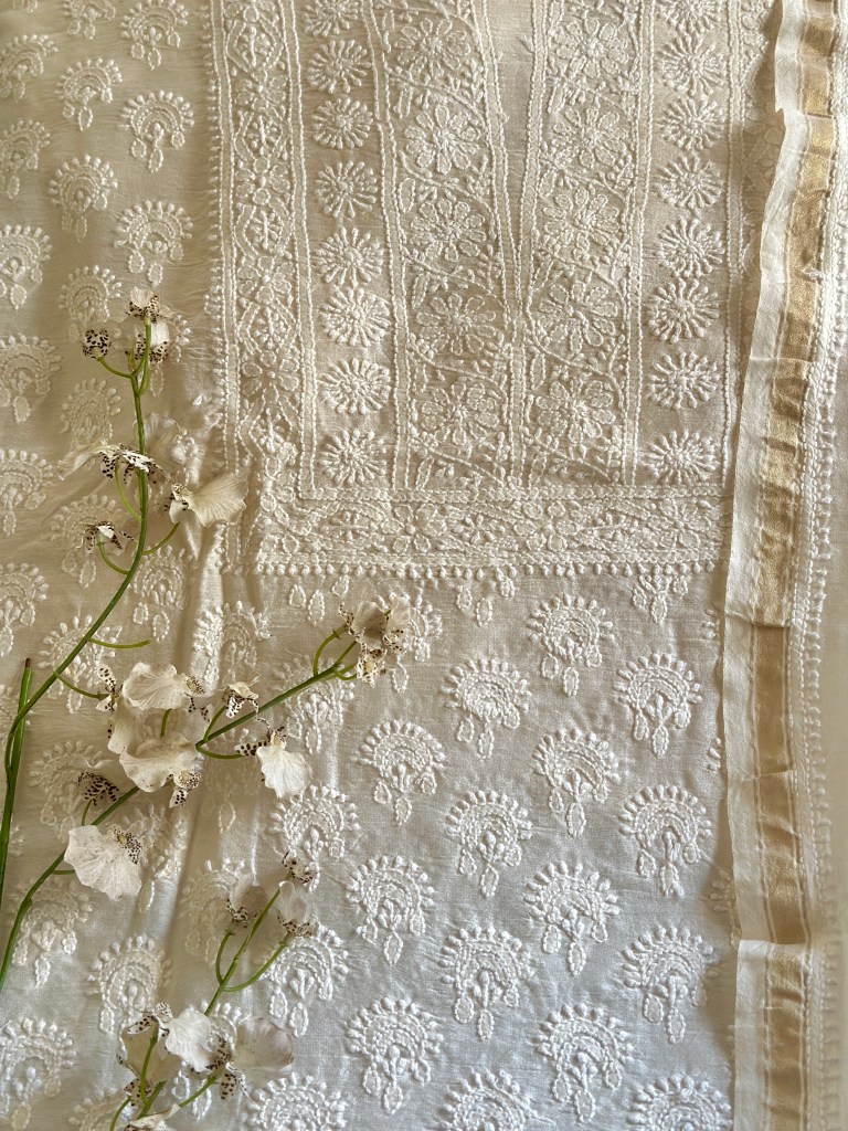 off white chanderi chikankari kurta dupatta set-unstitched