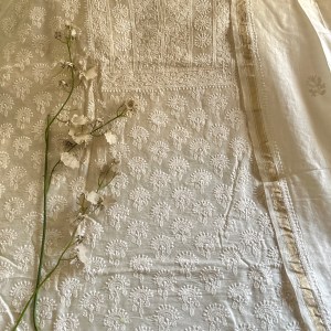 off white chanderi chikankari kurta dupatta set-unstitched