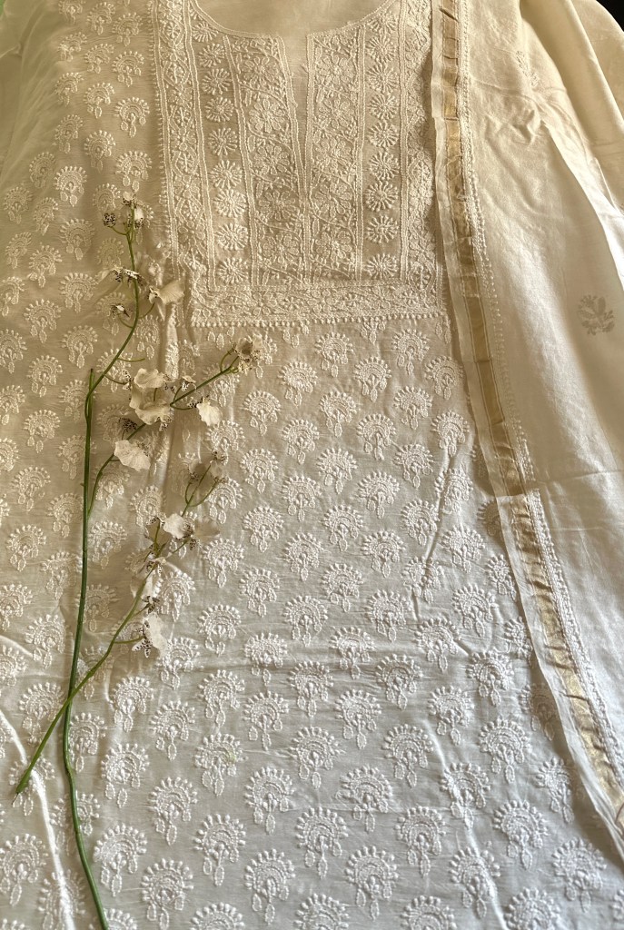 off white chanderi chikankari kurta dupatta set-unstitched