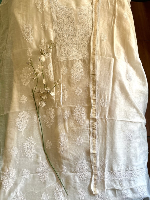 off white chanderi chikankari kurta dupatta set-unstitched