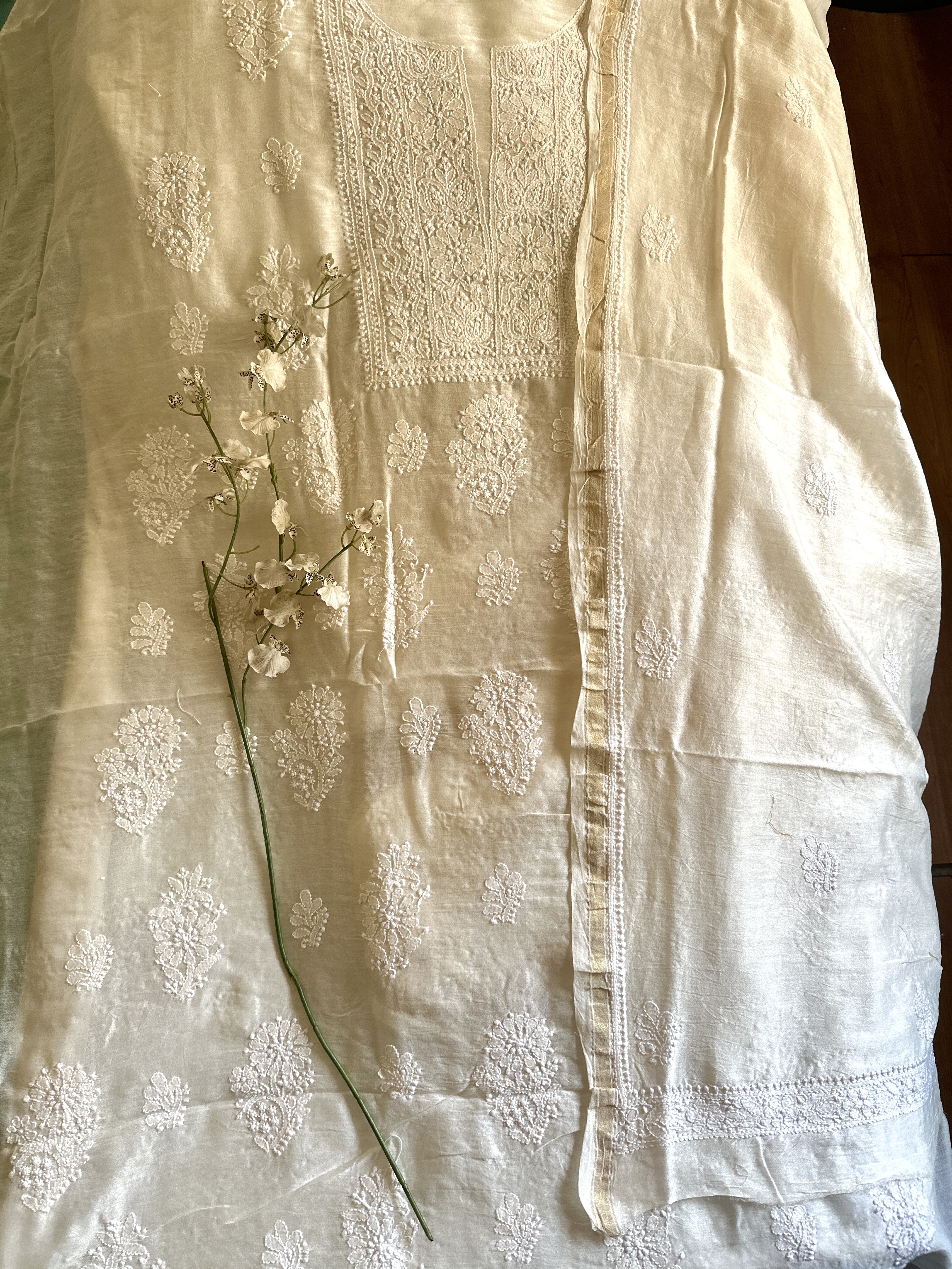 off white chanderi chikankari kurta dupatta set-unstitched