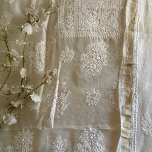 off white chanderi chikankari kurta dupatta set-unstitched
