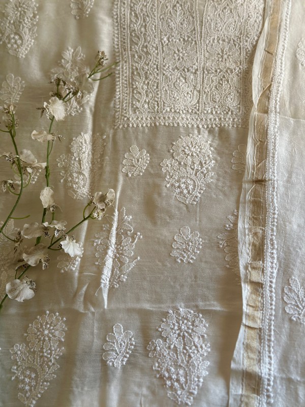 off white chanderi chikankari kurta dupatta set-unstitched