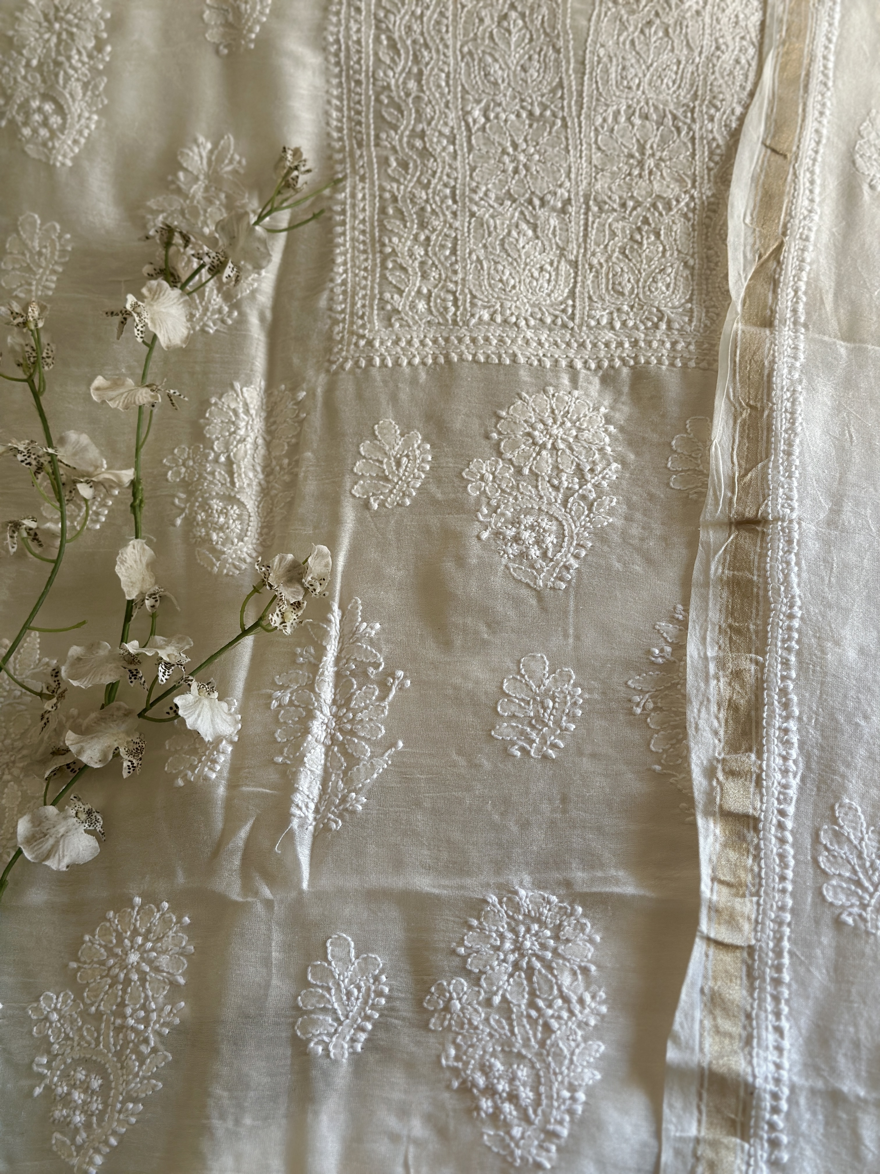 off white chanderi chikankari kurta dupatta set-unstitched
