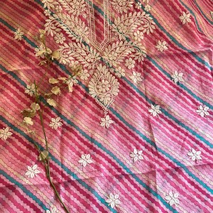 pink leheriya chanderi kota chikankari kurta piece-unstitched