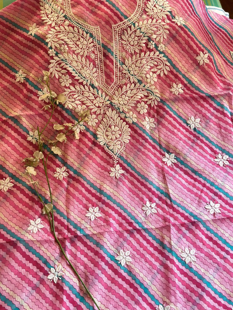 pink leheriya chanderi kota chikankari kurta piece-unstitched