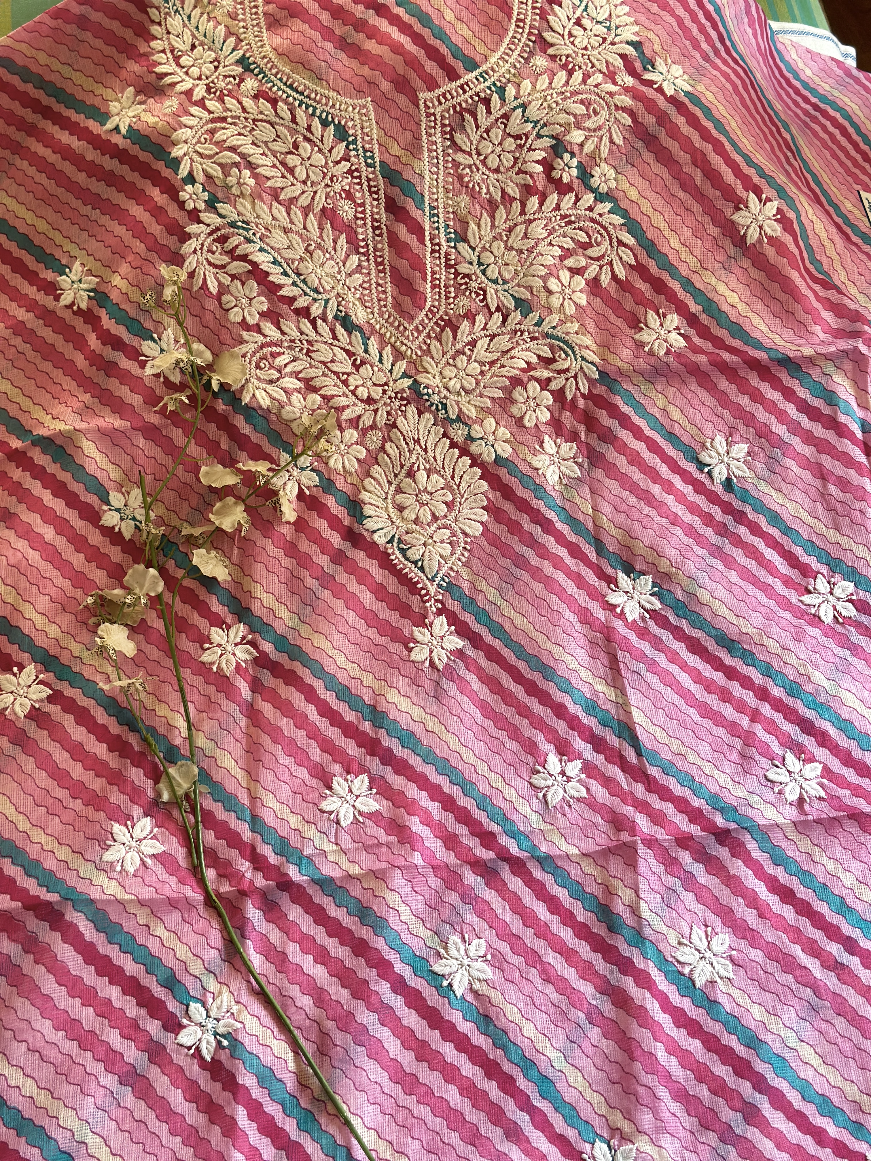 pink leheriya chanderi kota chikankari kurta piece-unstitched