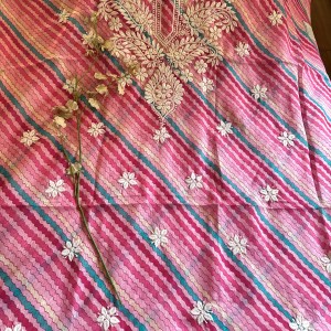 pink leheriya chanderi kota chikankari kurta piece-unstitched