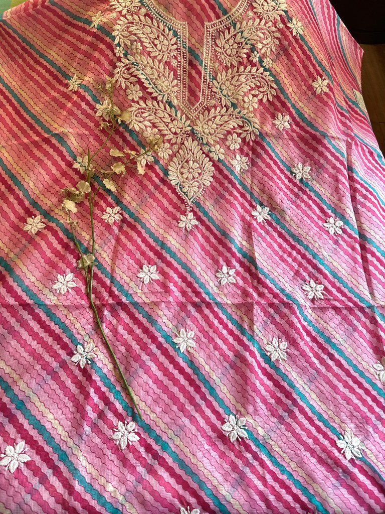 pink leheriya chanderi kota chikankari kurta piece-unstitched