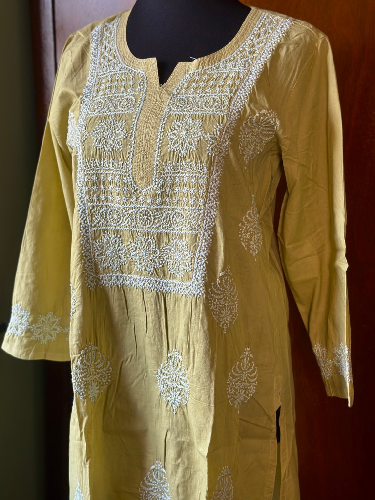 yellow pure cotton mul chikankari casual kurti-office wear kurti