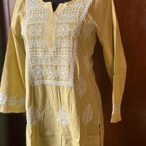 Yellow Cotton Mul Chikankari Kurti - Image 2