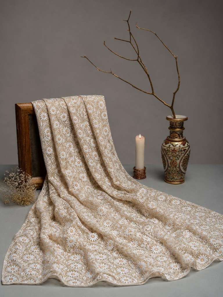 Beige Tissue Chanderi Chikankari Kurta Piece With Rich Aari & Kasab Work