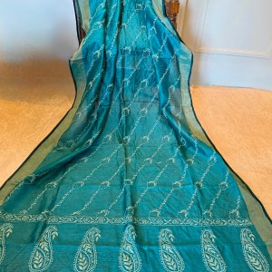 Crystal teal pure Muga Silk Chikankari Dupatta