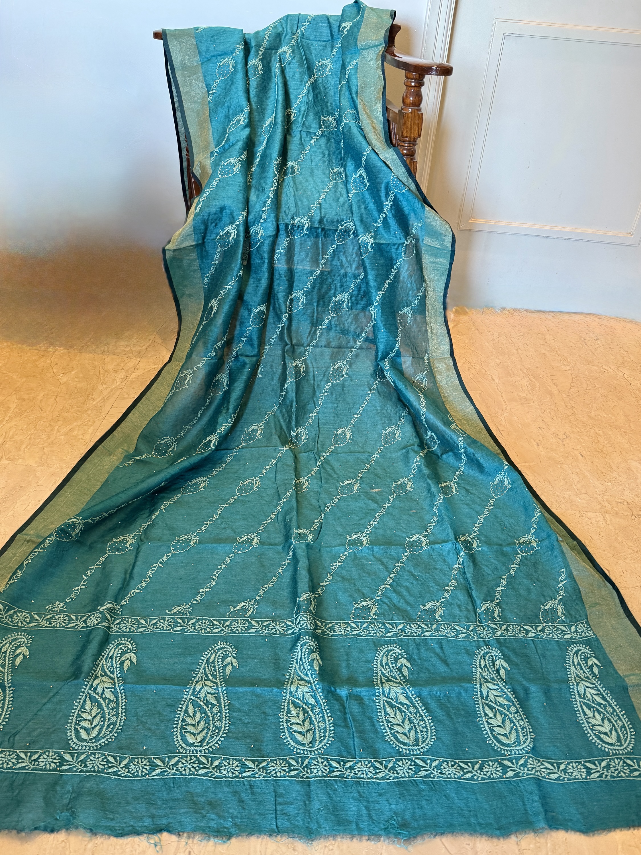 Crystal teal pure Muga Silk Chikankari Dupatta - Image 1