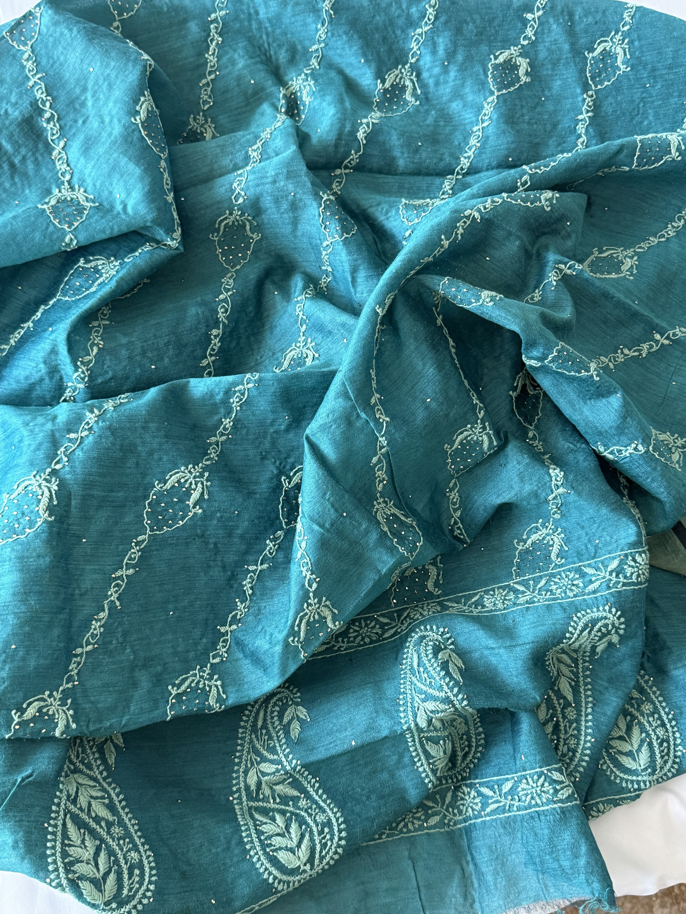 Crystal teal pure Muga Silk Chikankari Dupatta - Image 4