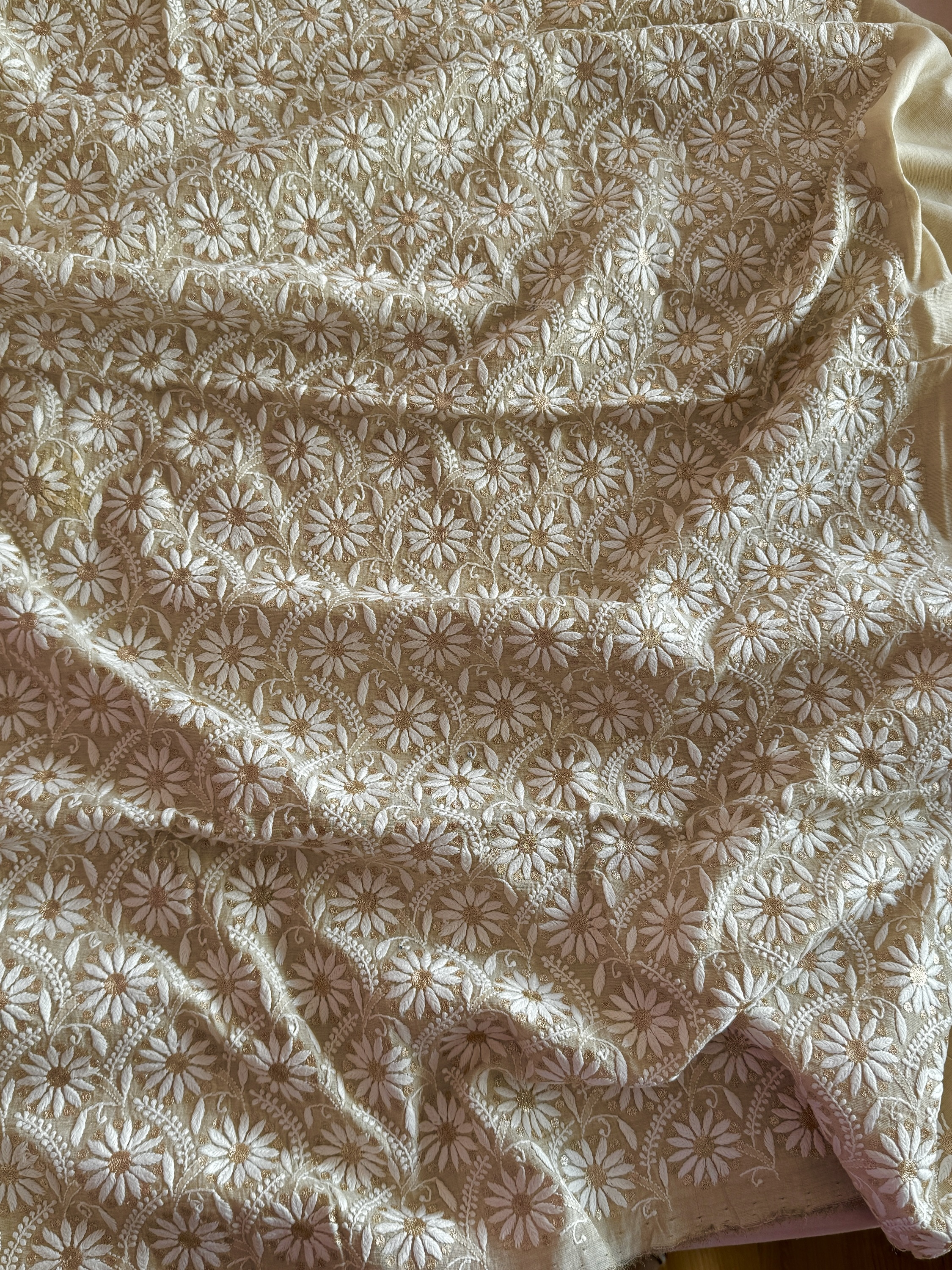 Beige Tissue Chanderi Chikankari Kurta Piece With Rich Aari & Kasab Work - Image 3